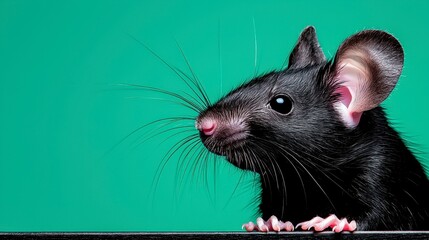 Black Rat Close Up Profile View Against Green Background