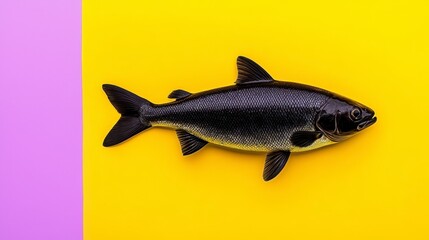 Black Pixel Art Fish on Yellow and Purple Background