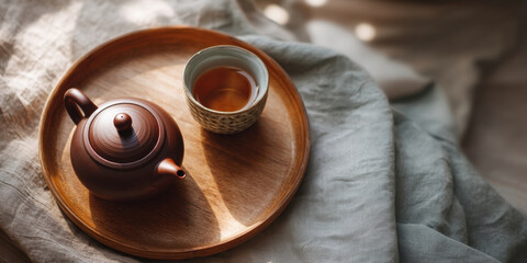 Traditional ceramic teapot and cup with tea round wooden tray placed soft fabric, warm natural light creating cozy atmosphere