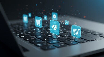 Laptop Keyboard with Shopping Cart and User Icons