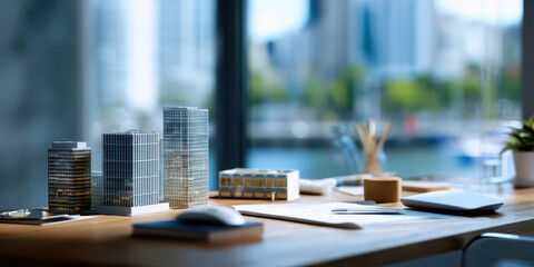 Miniature model of modern buildings on clean wooden tabletop with office supplies and blurred cityscape background