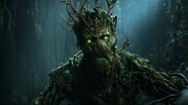 A cinematic shot of a Leshy, the ancient Slavic forest guardian, depicted as a towering, mystical humanoid figure covered in moss, vines, and bark, standing amidst a dense, foggy forest with rays 