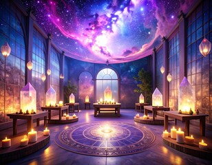 Obraz premium Meditation Hall — Glowing Amethyst Energy Towers, Candlelight, and Nebula Sky Dome in a Cosmic Spiritual Sanctuary