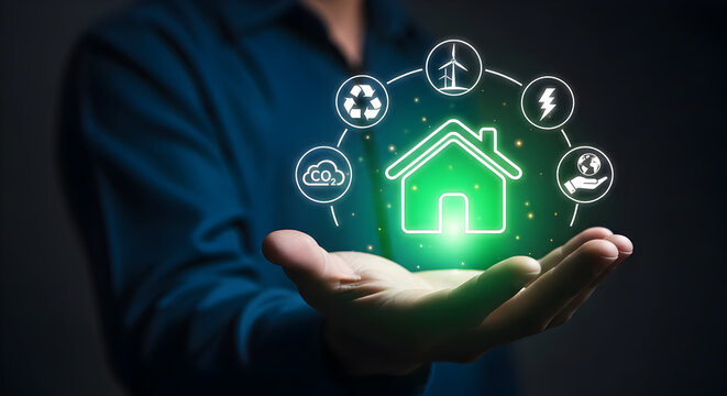 A person's hand holding a glowing green sustainable home icon, showcasing smart technology for renewable energy and eco-friendly living.