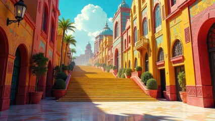Fototapeta premium Vibrant Architectural Vista Featuring a Grand Yellow Staircase Ascending Between Colorful Buildings, Lush Greenery, and a Sunny Sky