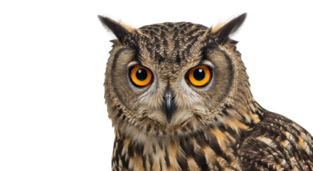 Majestic adult Eurasian eagle-owl with brilliant orange eyes & detailed plumage, intense gaze, on a transparent studio background with perfect isolation. Concept of strategic vision and insight