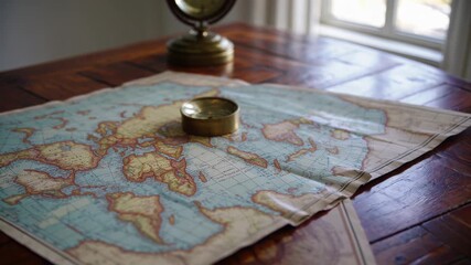 Weathered world map gradually unfolding across aged wooden surface, brass compass resting nearby, soft window light illuminating vintage cartographic details
