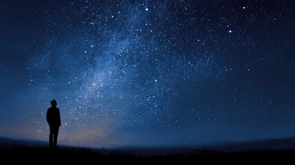 Silhouette of a person gazing at a vast night sky filled with stars and the Milky Way