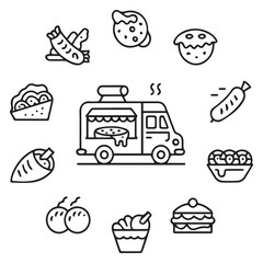 A clean and modern set of minimal line art fast food icons in black and red, featuring food trucks, pizza slice, hot dog, chicken drumstick, french fries, donut, and street food stalls—perfect for bra