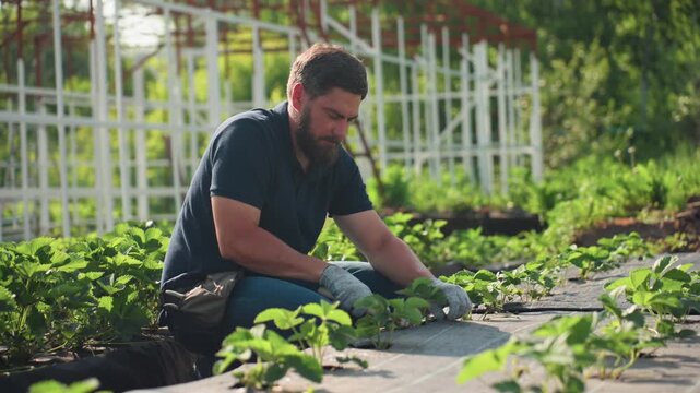 Side view farmer kneels in garden bed using hand fork to prune soil around young strawberry plants, gloved hands focused on careful maintenance, summer, green rows, rural agriculture work