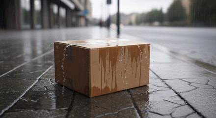 A cardboard delivery package gets soaked and damaged while left outside on a sidewalk in the rain.