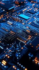 Obraz premium Close-up circuit board, glowing components (1)