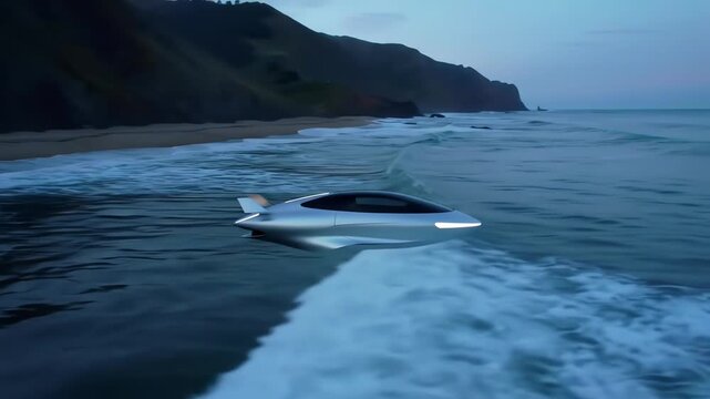Sleek Silver Personal Watercraft Gliding Over Ocean Waves Near a Rocky Coastline at Dusk Reflecting Future Innovation and Engineering Marvels