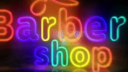 Neon sign for a barber shop with scissors icon glowing in the dark