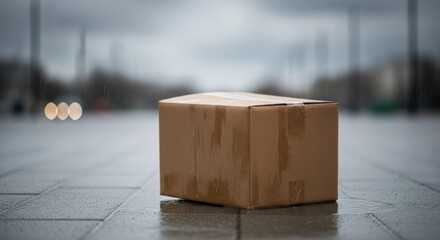 A delivery box sits on a wet sidewalk in the rain, with a blurred urban background.