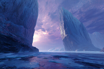 Surreal landscape with metallic cliffs and glowing icy formations under a vivid sky.