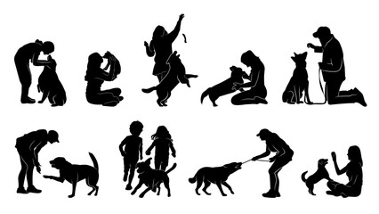 Silhouettes of people interacting with dogs in various activities, including playing, training, and showing affection.