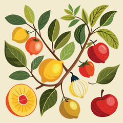 Ripe red apples yellow lemons and orange tomatoes on branches with green leaves fruit