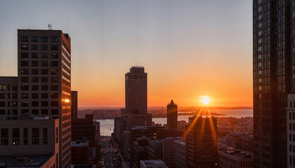 Urban skyline at sunset with buildings and a river view  