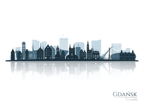 Gdansk skyline silhouette with reflection. Landscape Gdansk, Poland. Vector illustration.
