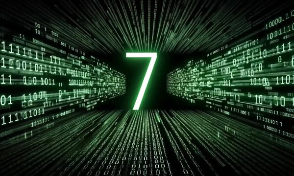 A glowing green number seven surrounded by binary code cascading in a futuristic, matrix-style design
