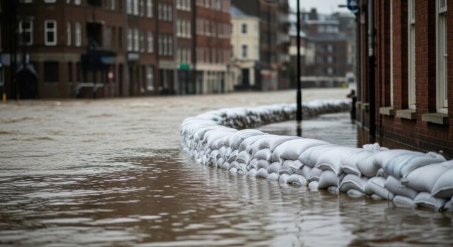 A temporary floodwall made of sandbags protects urban buildings from rising, muddy floodwater.