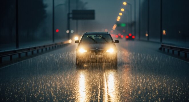 Driving on a rain-slicked road at dusk, with the headlights of an oncoming car reflecting on the pavement.