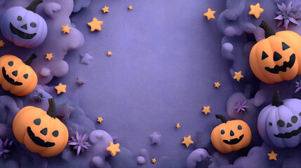 Naklejka premium Purple Halloween Background with Glowing Jack-o’-Lantern Pumpkins and Bokeh Lights – Festive Autumn Banner Design with Copy Space