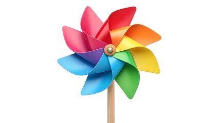 Bright rainbow-colored pinwheel toy isolated on white background
