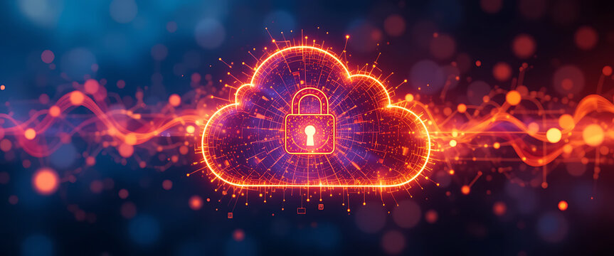 abstract fire sparkling cloud shape cyber security lock with glowing connected points , vibrant colors theme, minimalist, cyber security theme, shimmering glowing particles Quincy style, - Powered by Adobe