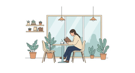 Serene Café Scene Illustration Featuring a Woman Reading, Plants, and Natural Light for Relaxation and Peaceful Moments in a Cozy Environment.