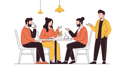 Vector Illustration of Four People Enjoying Coffee and Conversation in a Café Setting, Suitable for depicting Social Gatherings and Casual Meetings