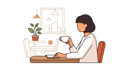 Serene Coffee Break Illustration Featuring a Woman Enjoying a Cup and Using a Tablet for Relaxation or Remote Work in a Cafe Setting