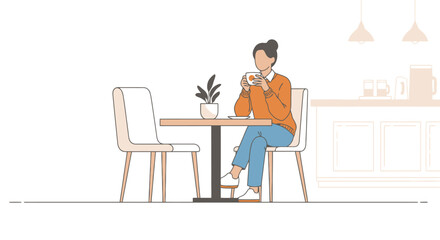Serene Cafe Scene Illustration of a Woman Enjoying Coffee, Ideal for Lifestyle Blogs, Social Media Content, or Cafe Promotion Materials