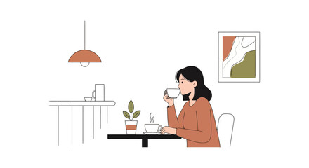 Serene Coffee Break Illustration Depicting a Woman Enjoying a Quiet Moment, Perfect for Promoting Relaxation, Cafes, or Lifestyle Content on Digital Platforms