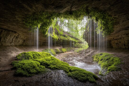 Cave waterfall cascading through mossy grotto