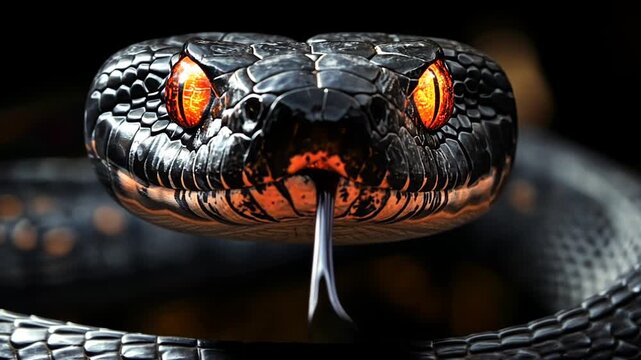 Closeup of black snake with glowing eyes
