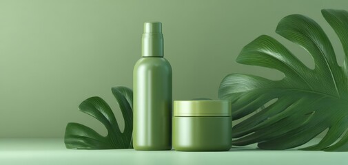 The elegant green skincare products with tropical leaves on a minimalistic background.