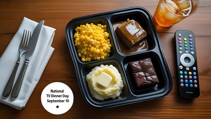 National TV Dinner Day on September 10th with a classic tray meal, remote control, and drinks ready for TV time.