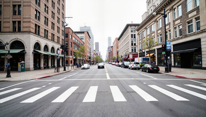 Urban street with crosswalk and parked cars on cloudy day