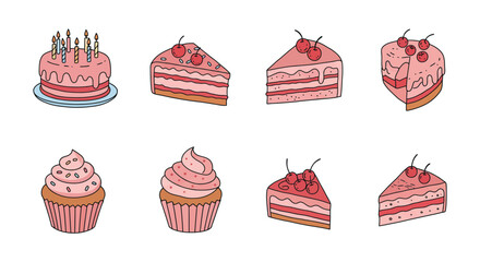 Hand Drawn Cake and Cupcake Vector Illustration Set with Pink Frosting