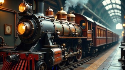 Obraz premium A vintage steam locomotive and passenger train cars stand poised at a station platform, ready for departure