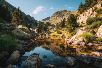 Mountain valley reflecting a serene sky