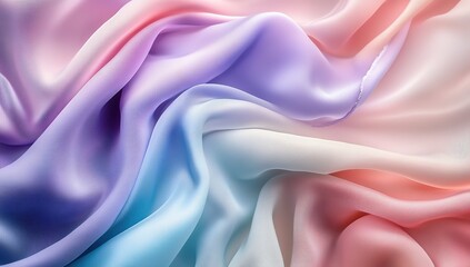 Obraz premium A close-up of an ethereal, pastel-colored fabric, flowing and dreamy, with soft ripples creating intricate patterns in shades of blue, purple, pink, and white. The background is a gradient