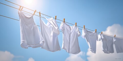 The white shirts drying on a clothesline under a sunny blue sky