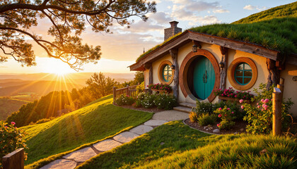 Naklejka premium Charming round cottage with lush green roof at sunset in countryside 