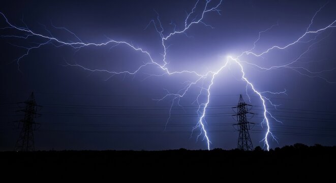 Multiple bolts of lightning strike near power lines during a dramatic electrical storm over a dark landscape.