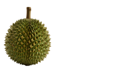 A single, whole durian fruit with its distinctive thorny skin and short stem, showcasing its unique appearance.