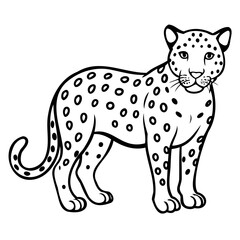 Black and white illustration of a leopard standing, isolated on white background