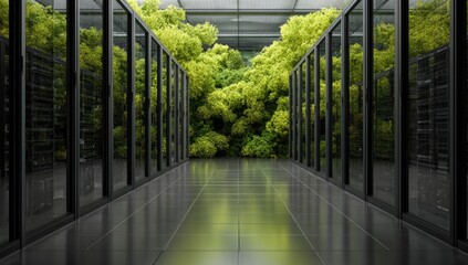 A futuristic server room with a lush green wall